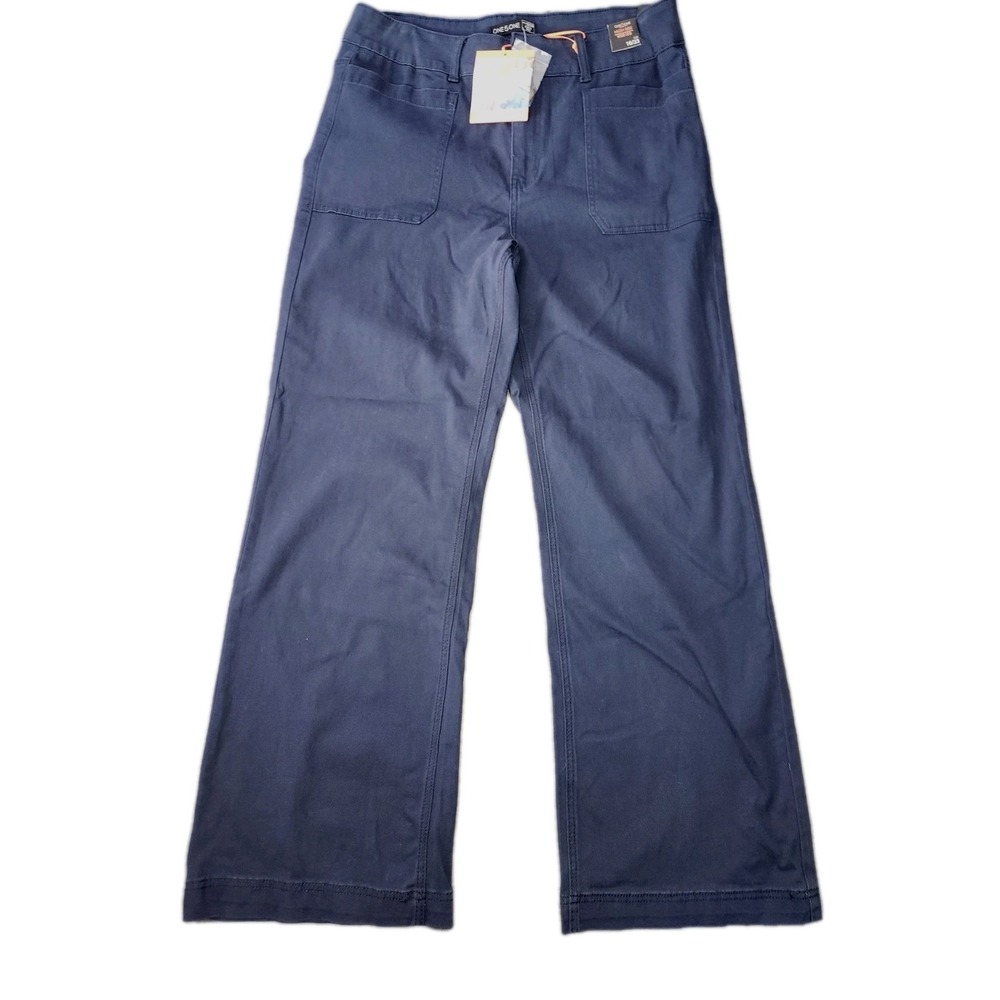 One5One Women's Veda High-Rise Wide-Leg Cotton Blend Pant Pockets Navy Sz 16 NWT